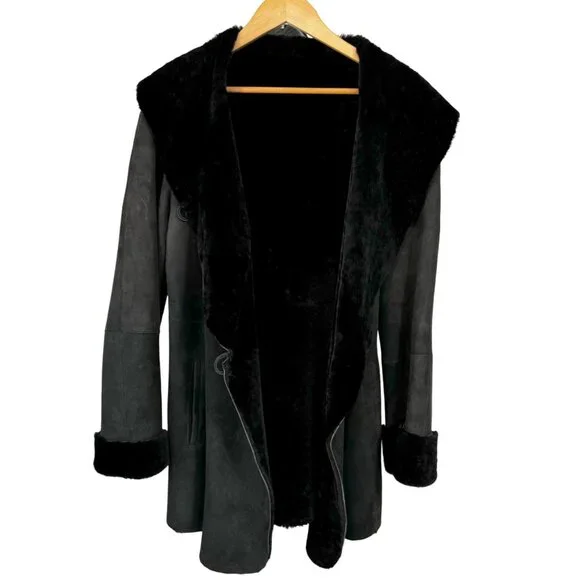 Blue Duck Women’s Coat M Genuine Shearling Fur Sheepskin Black READ - Picture 4 of 15